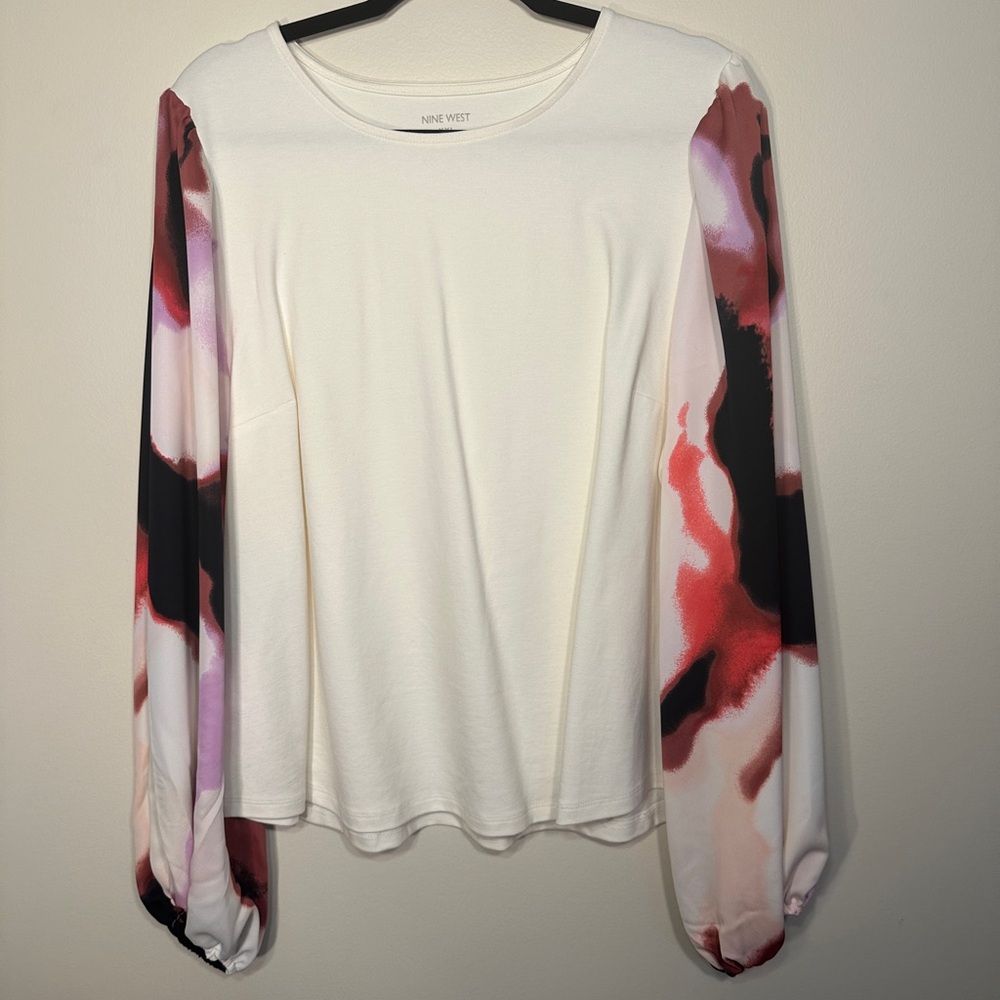 Nine West Women's White Top with Red and Black Sleeves